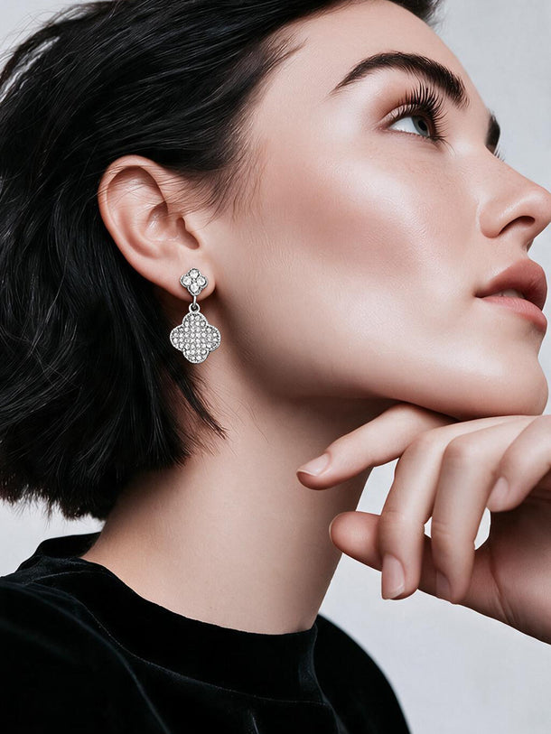 Rhodium Plated Crystal Clover Charm Drop Earrings