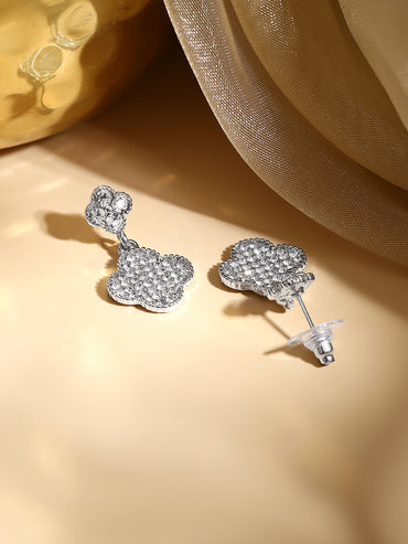 Rhodium Plated Crystal Clover Charm Drop Earrings