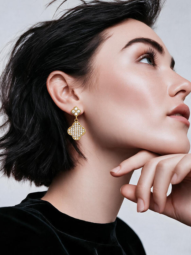 Gold Plated Crystal Clover Charm Drop Earrings