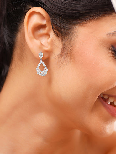 Rhodium Plated American Diamond Zirconia Leaf Design Tear Drop Earrings
