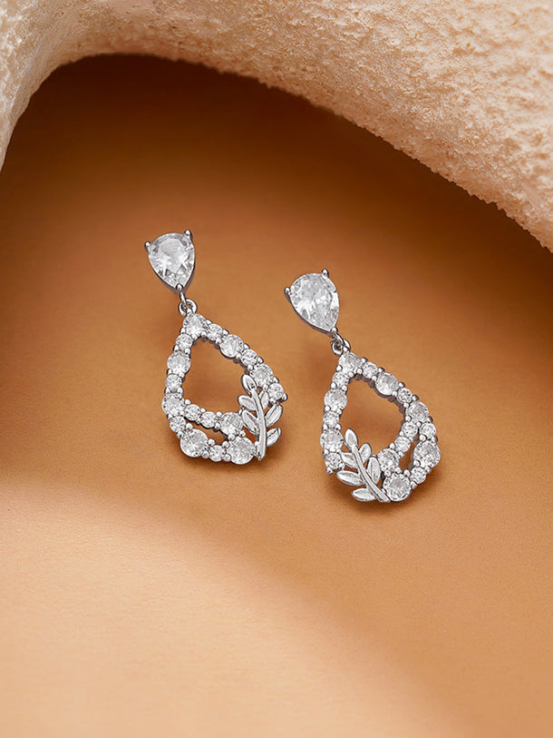 Rhodium Plated American Diamond Zirconia Leaf Design Tear Drop Earrings