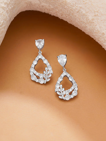 Rhodium Plated American Diamond Zirconia Leaf Design Tear Drop Earrings