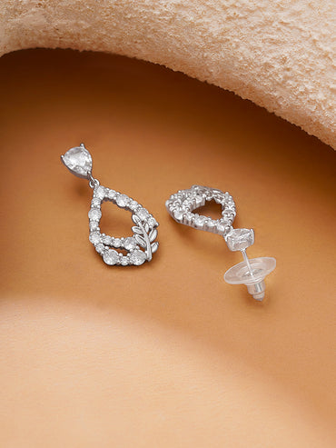 Rhodium Plated American Diamond Zirconia Leaf Design Tear Drop Earrings
