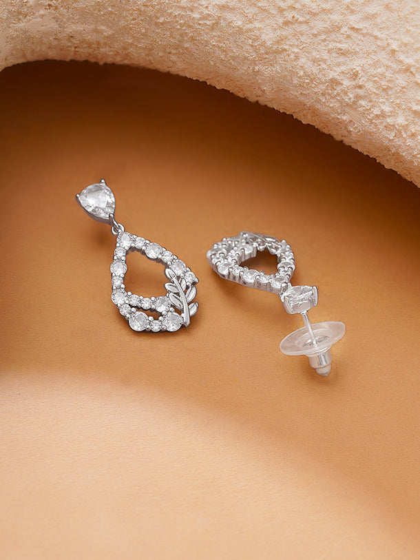 Rhodium Plated American Diamond Zirconia Leaf Design Tear Drop Earrings