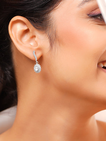 Rhodium Plated American Diamond Zirconia floral Drop Earrings