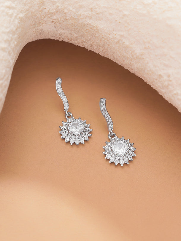 Rhodium Plated American Diamond Zirconia floral Drop Earrings