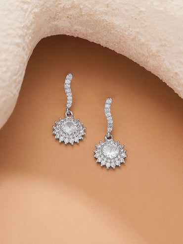 Rhodium Plated American Diamond Zirconia floral Drop Earrings