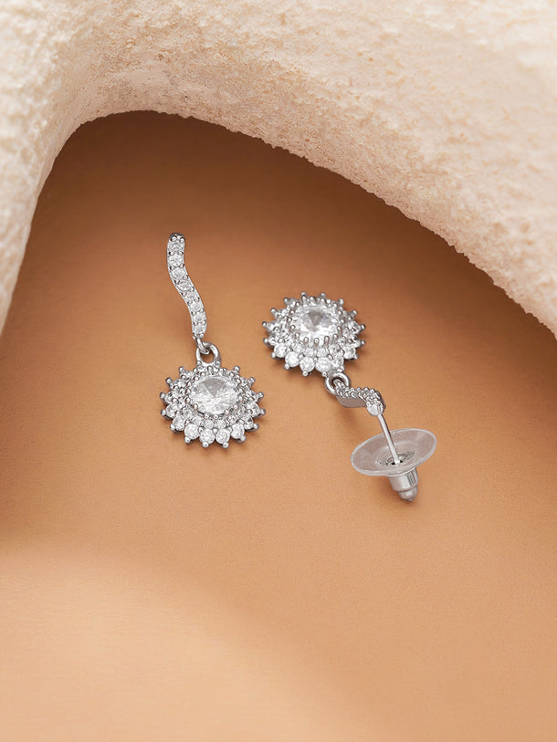 Rhodium Plated American Diamond Zirconia floral Drop Earrings