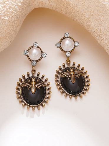 Oxidised Midnight Honeybee Antique Gold Pearl Drop Earrings