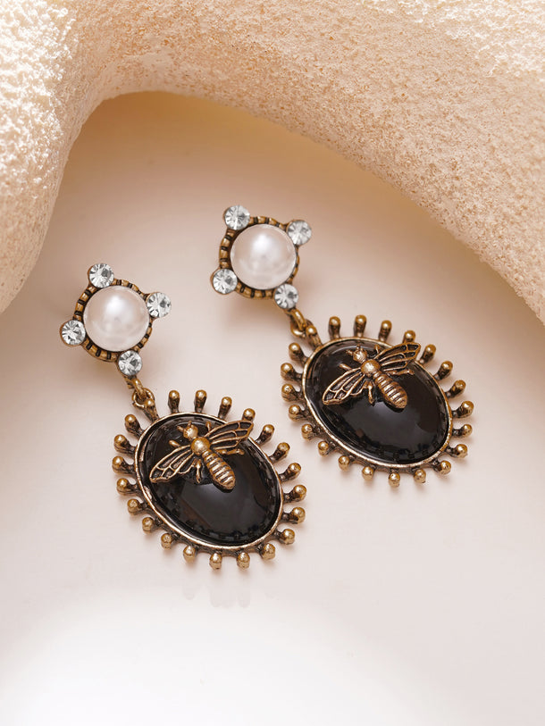 Oxidised Midnight Honeybee Antique Gold Pearl Drop Earrings