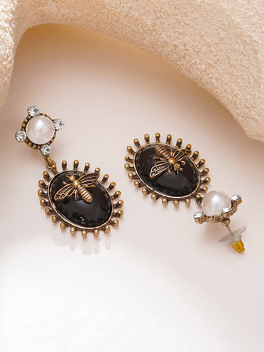 Oxidised Midnight Honeybee Antique Gold Pearl Drop Earrings