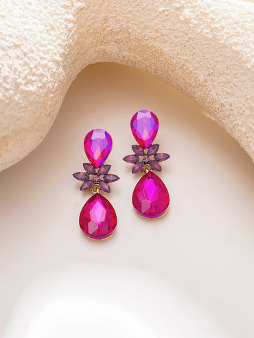 Gold Plated Fuchsia Bloom Crystal Teardrop Earrings