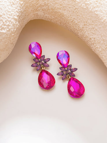 Gold Plated Fuchsia Bloom Crystal Teardrop Earrings