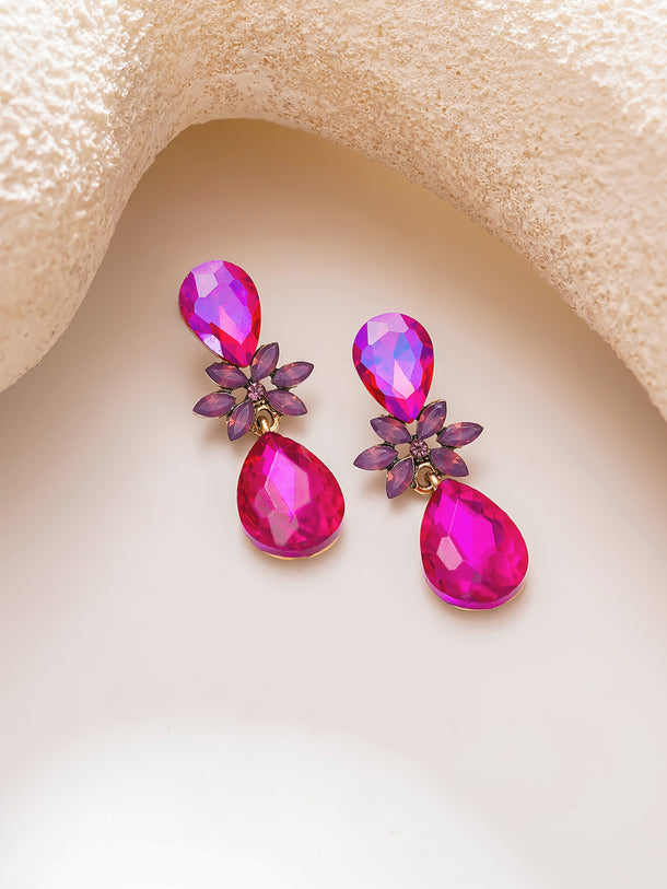 Gold Plated Fuchsia Bloom Crystal Teardrop Earrings