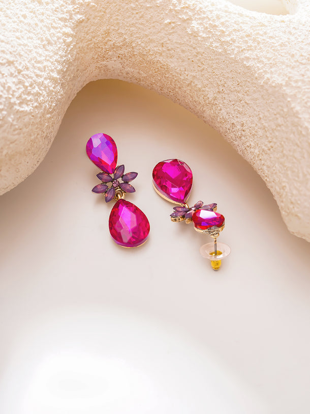 Gold Plated Fuchsia Bloom Crystal Teardrop Earrings
