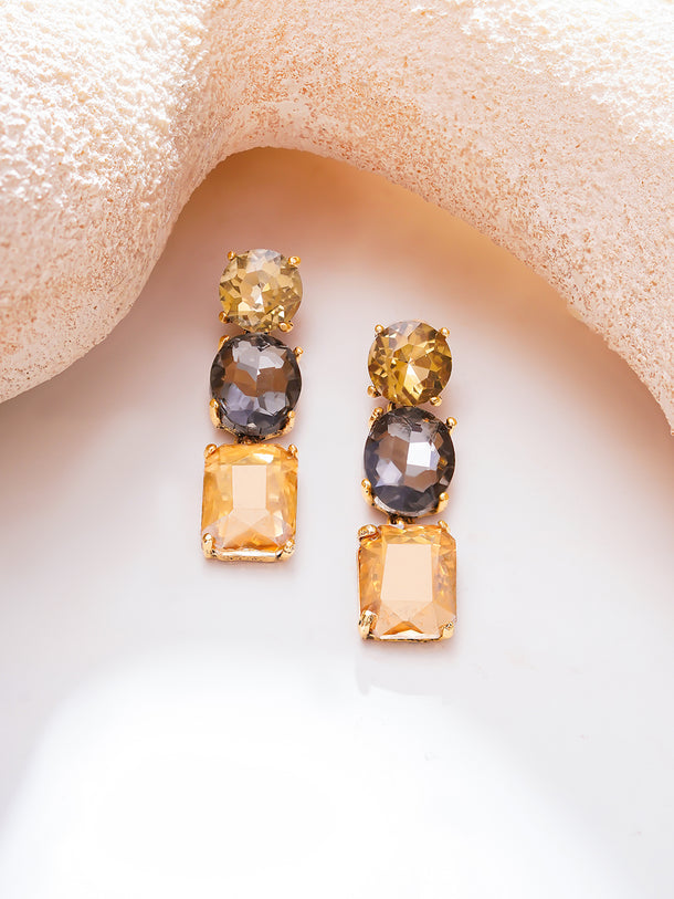 Gold Plated Champagne Smoke Triple Crystal Drop Earrings
