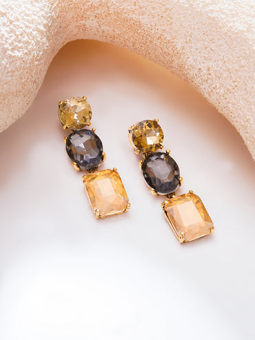 Gold Plated Champagne Smoke Triple Crystal Drop Earrings