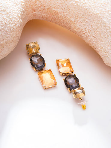 Gold Plated Champagne Smoke Triple Crystal Drop Earrings