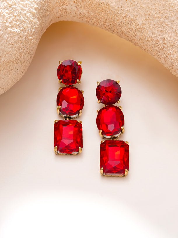 Gold Plated Crimson Muse Triple Crystal Drop Earrings
