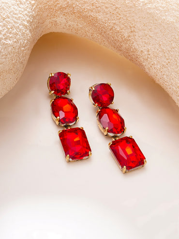 Gold Plated Crimson Muse Triple Crystal Drop Earrings