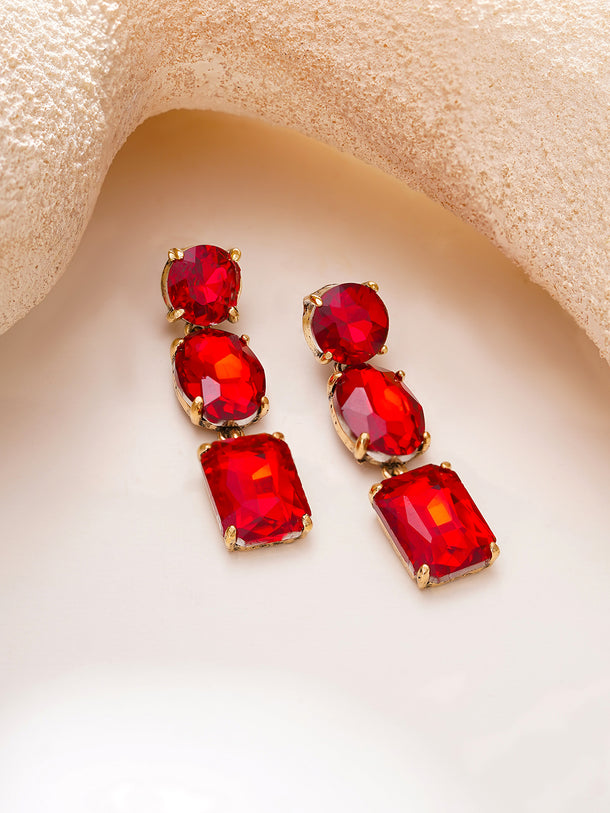 Gold Plated Crimson Muse Triple Crystal Drop Earrings