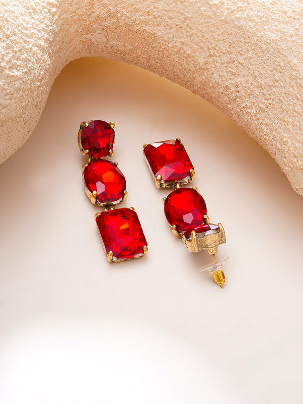 Gold Plated Crimson Muse Triple Crystal Drop Earrings