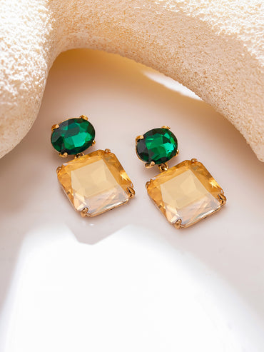 Gold Plated Emerald Sunrise Antique Champagne Crystal Drop Earrings