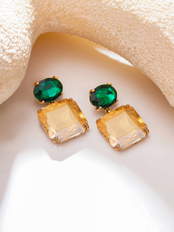Gold Plated Emerald Sunrise Antique Champagne Crystal Drop Earrings