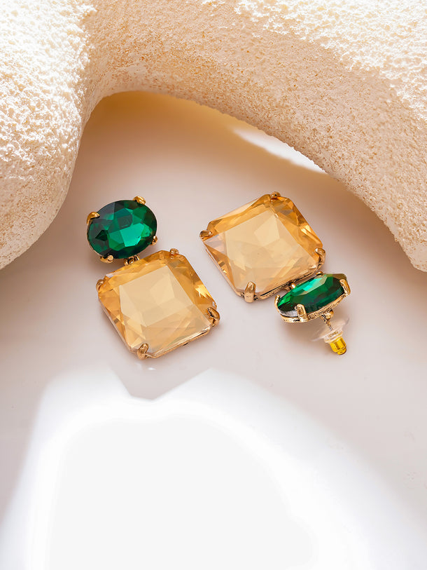 Gold Plated Emerald Sunrise Antique Champagne Crystal Drop Earrings
