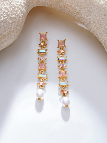 Gold Plated Pearl Whisper Crystal Linear Earrings