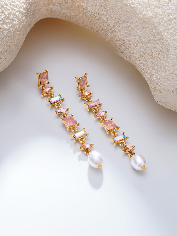 Gold Plated Pearl Whisper Crystal Linear Earrings