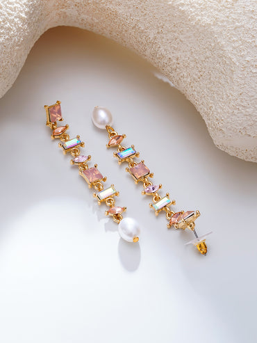 Gold Plated Pearl Whisper Crystal Linear Earrings
