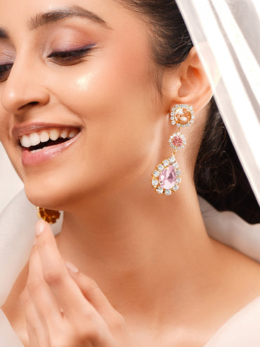 Gold Plated Rose Petal Halo Crystal Long Drop Earrings