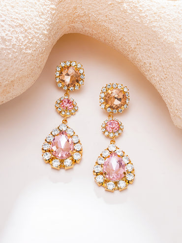Gold Plated Rose Petal Halo Crystal Long Drop Earrings