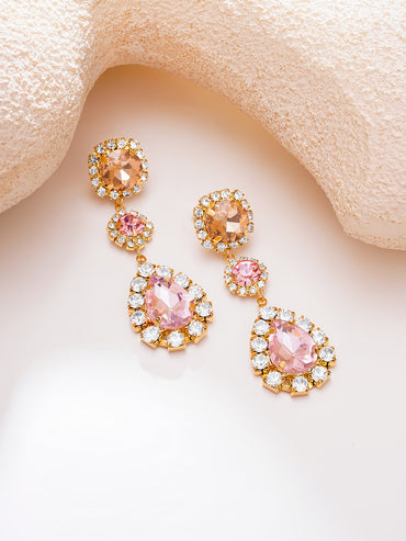 Gold Plated Rose Petal Halo Crystal Long Drop Earrings