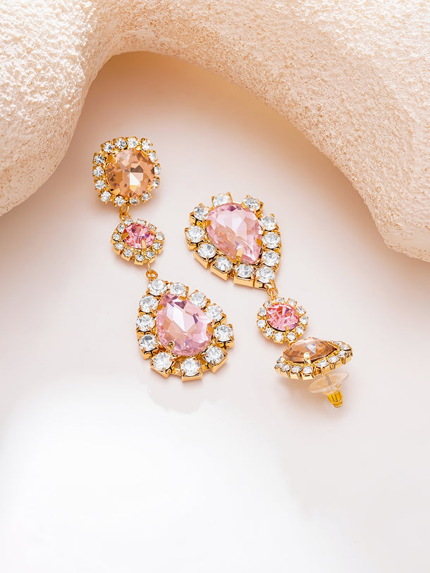 Gold Plated Rose Petal Halo Crystal Long Drop Earrings