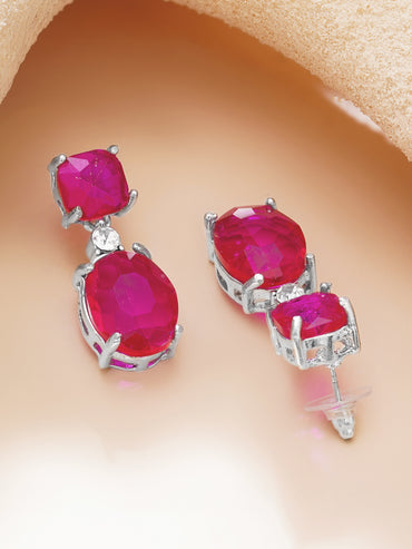 Rhodium Plated Crystal Duo Drop Earrings