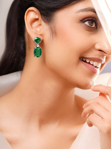 Rhodium Plated Emerald Crystal Drop Earrings