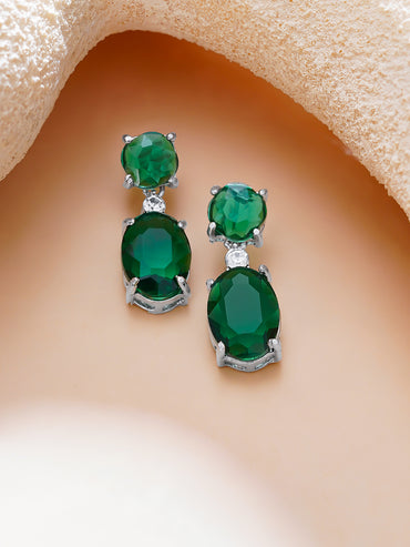 Rhodium Plated Emerald Crystal Drop Earrings