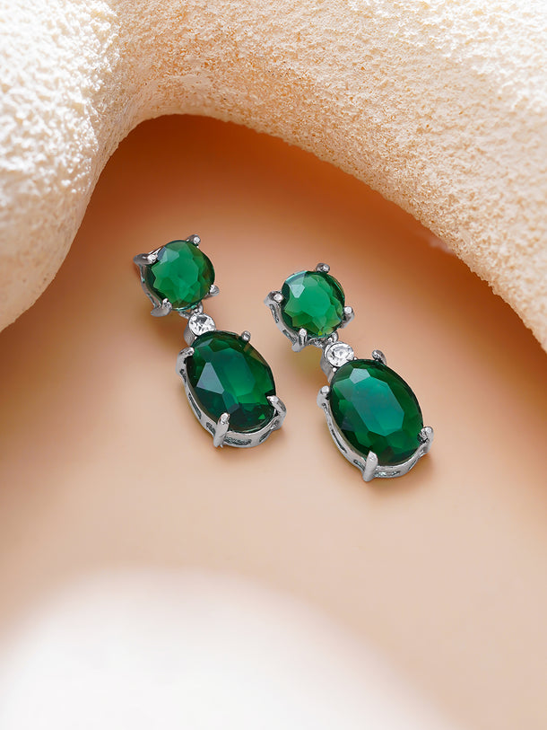 Rhodium Plated Emerald Crystal Drop Earrings