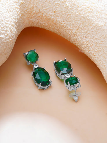 Rhodium Plated Emerald Crystal Drop Earrings