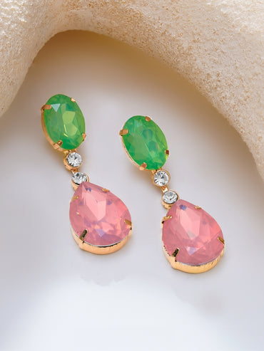 Gold Plated Mint Pink Crystal Drop Earrings