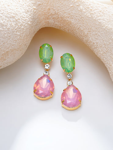 Gold Plated Mint Pink Crystal Drop Earrings