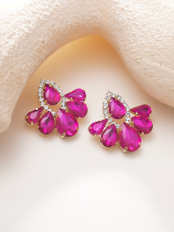 Rhodium Plated Teardrop Crystal Pink Stud Earrings