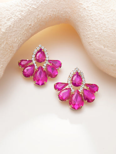 Rhodium Plated Teardrop Crystal Pink Stud Earrings
