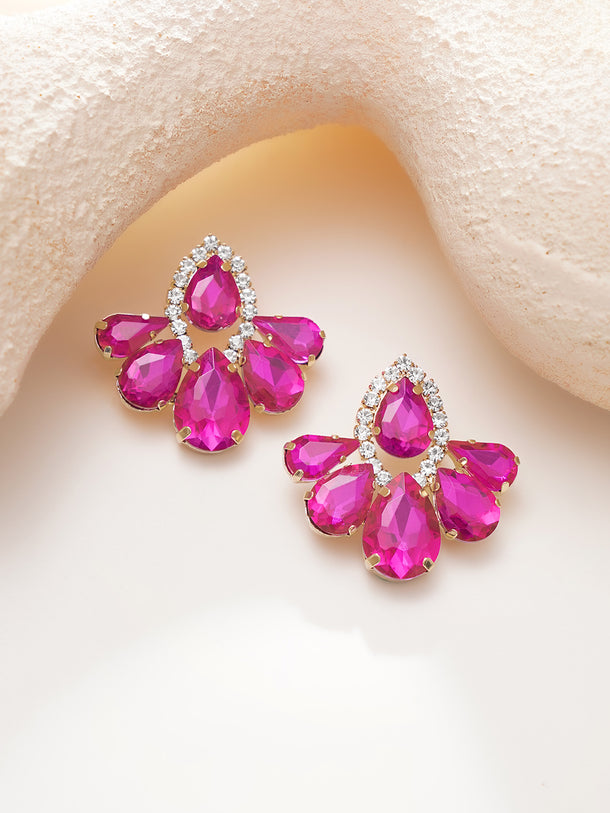 Rhodium Plated Teardrop Crystal Pink Stud Earrings