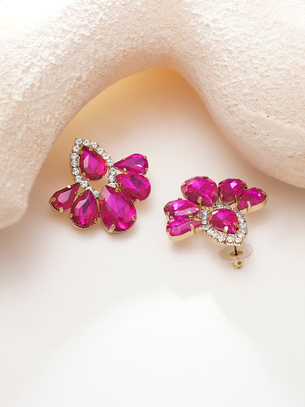 Rhodium Plated Teardrop Crystal Pink Stud Earrings