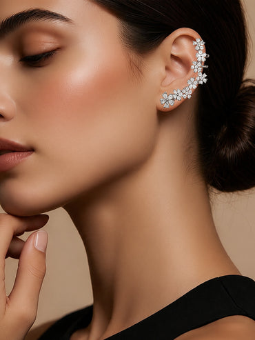 Rhodium Plated Crystal Blossom Vine Ear Cuff
