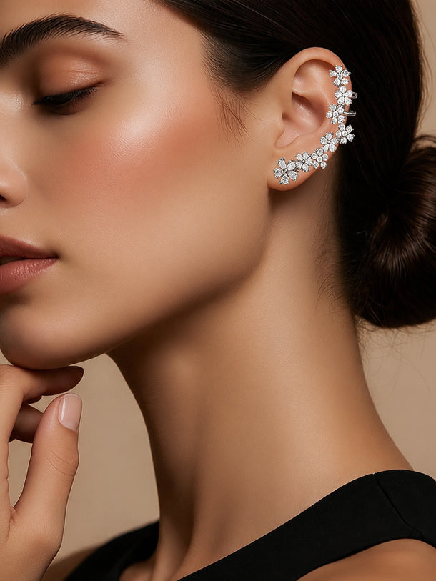 Rhodium Plated Crystal Blossom Vine Ear Cuff