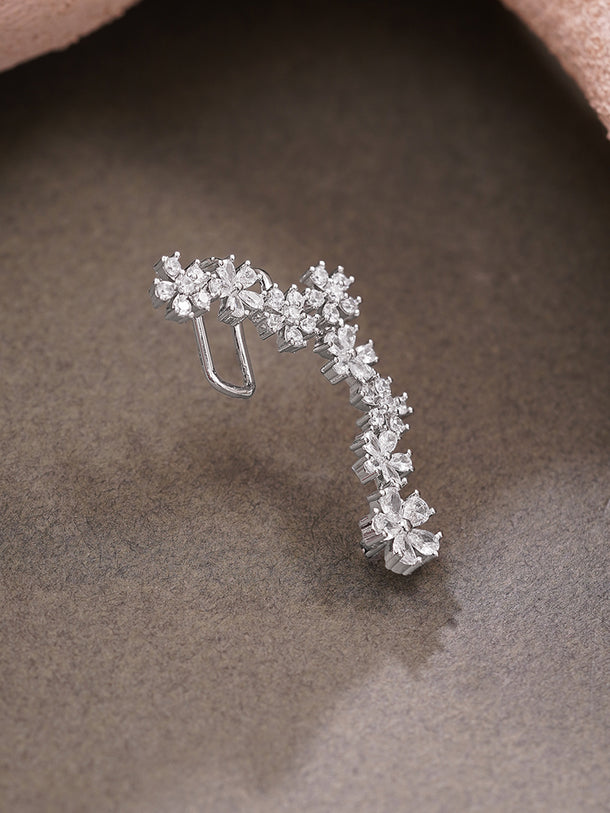 Rhodium Plated Crystal Blossom Vine Ear Cuff